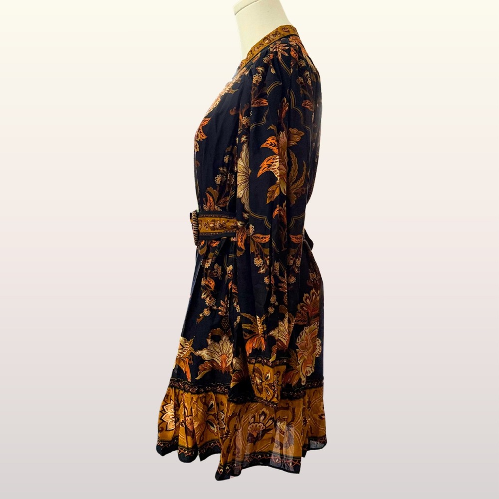 NWT Farm Rio Majestic Garden Black Mini Dress Size M Floral Boho Belted Ruffle - Picture 6 of 11